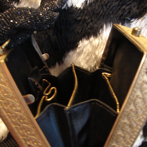 Vintage Purse 1940s Tyrolean Bag Mini Streamer Black Sequin and gold filigree - Picture 4 of 11